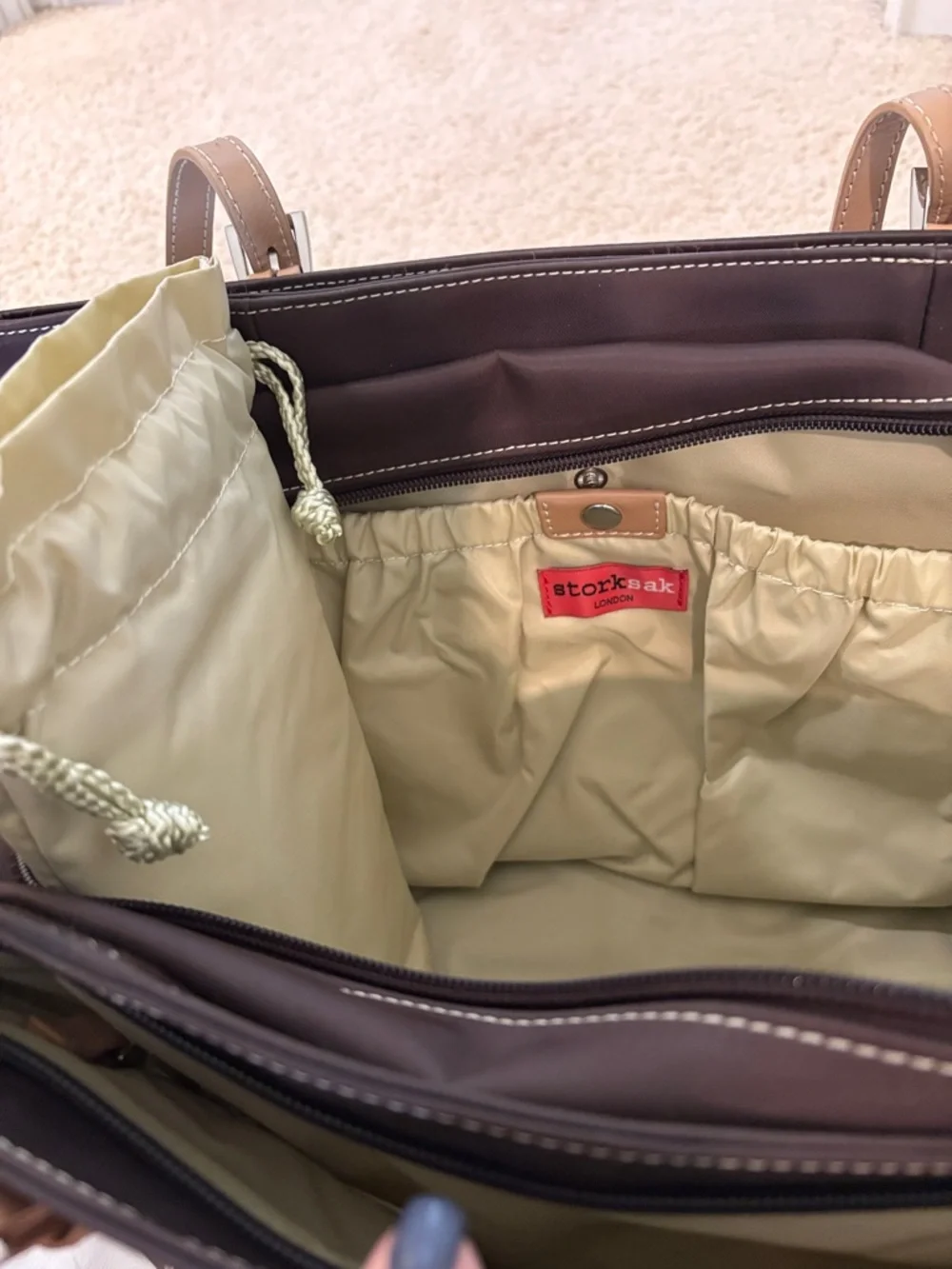 Storksak Dark Brown Nylon Tote with Tan Leather Straps